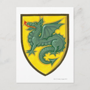Illustration of green dragon sticking out red postcard