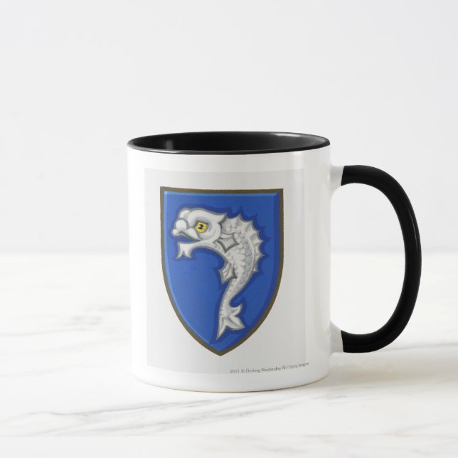 Illustration of heraldic fish symbol on shield mug (Right)