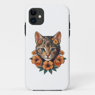  illustration of kitten head fantasy flowers iPhone 11 case