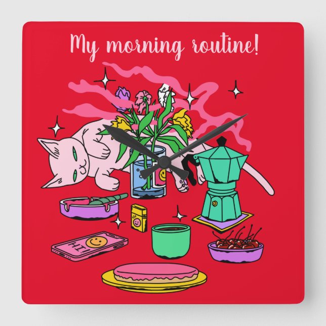 Illustration of Kitty Cat's breakfast table   Square Wall Clock (Front)