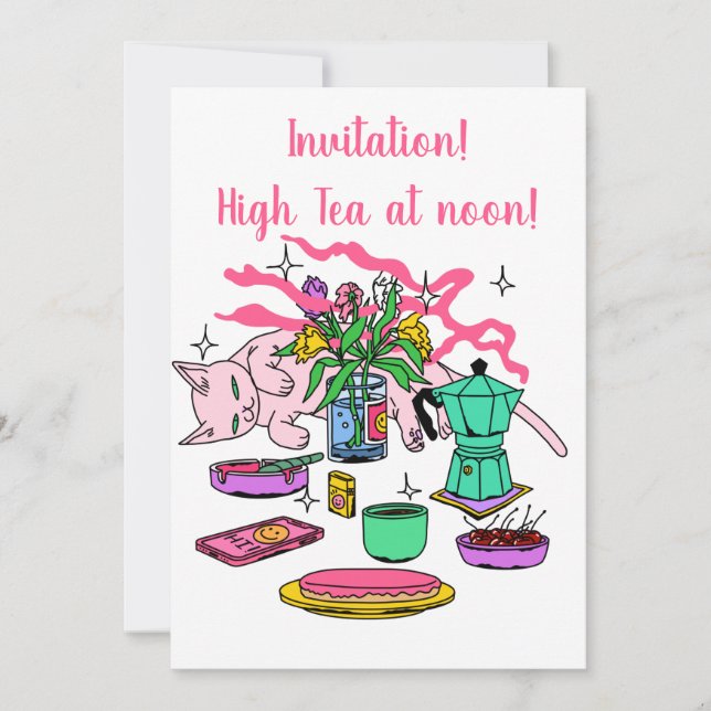 Illustration of Kitty Cat's Tea at noon  Invitation (Front)