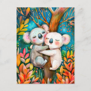 Illustration of koalas hugging in eucalyptus fores postcard