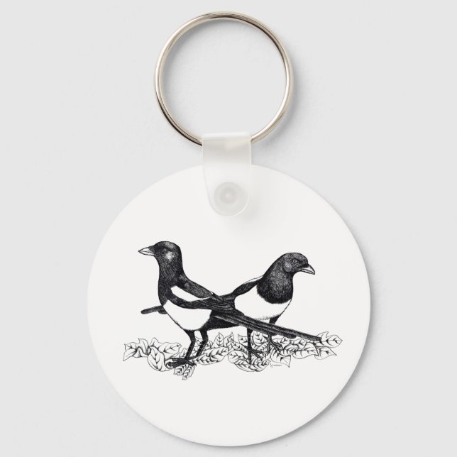 Illustration of Magpies on button Keyring (Front)