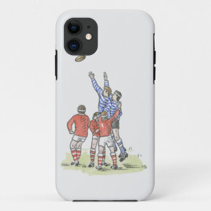 Illustration of men playing rugby jumping in air iPhone 11 case