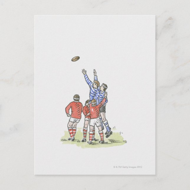 Illustration of men playing rugby jumping in air postcard (Front)