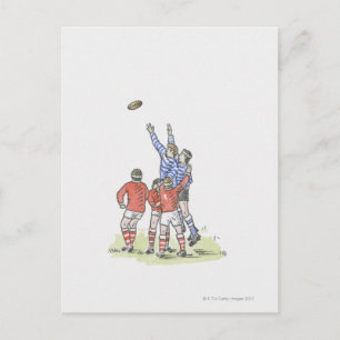 Illustration of men playing rugby jumping in air postcard