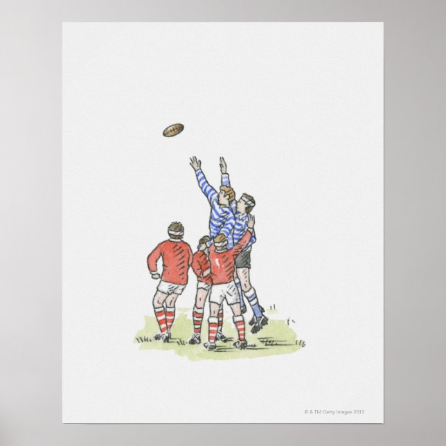 Illustration of men playing rugby jumping in air poster (Front)
