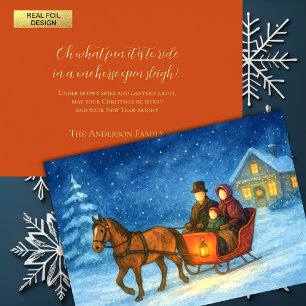 Illustration of One Horse Open Sleigh Ride Family Foil Holiday Card