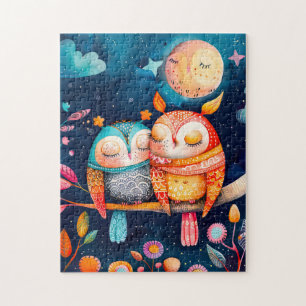 Illustration of owls hugging in forest at night jigsaw puzzle