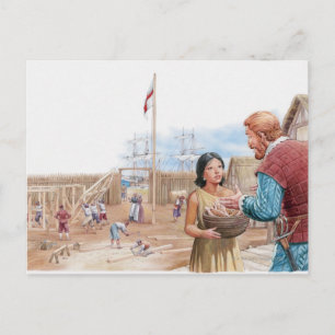 Illustration of Pocahontas visiting Captain John Postcard