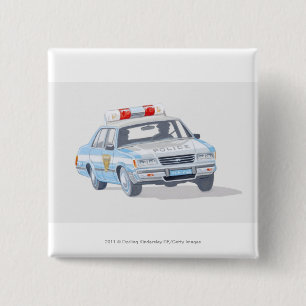 Illustration of police car with two policemen 15 cm square badge