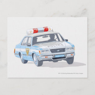 Illustration of police car with two policemen postcard
