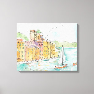 Illustration of Porofino Harbour With Sailboat Canvas Print