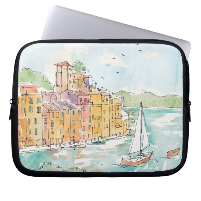 Illustration of Porofino Harbour With Sailboat Laptop Sleeve (Front)