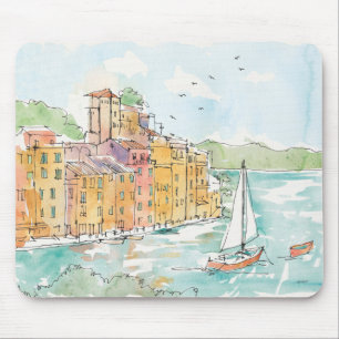 Illustration of Porofino Harbour With Sailboat Mouse Mat