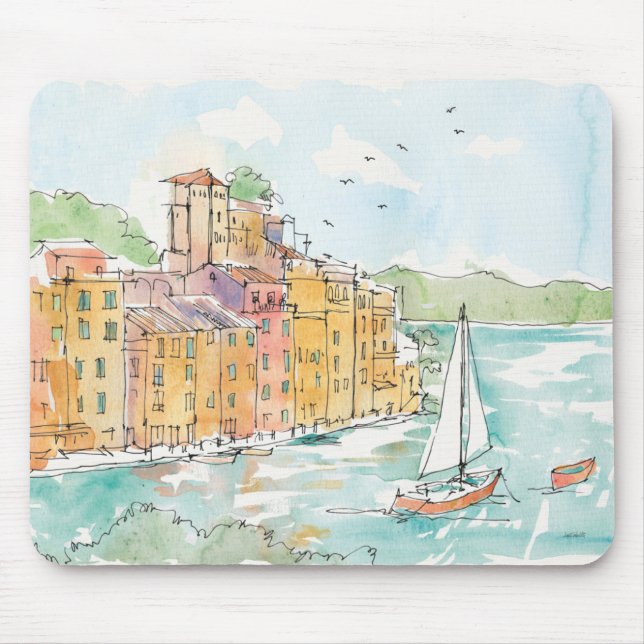 Illustration of Porofino Harbour With Sailboat Mouse Mat (Front)
