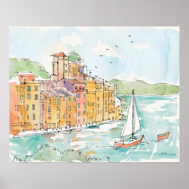 Illustration of Porofino Harbour With Sailboat Poster (Front)