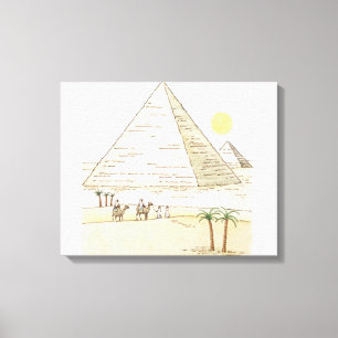 Illustration of pyramids and men with camels canvas print