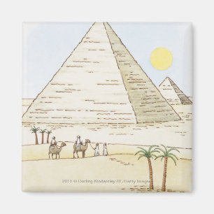 Illustration of pyramids and men with camels magnet
