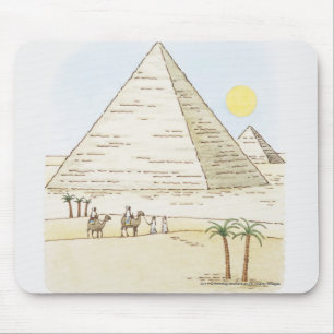 Illustration of pyramids and men with camels mouse mat