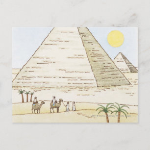 Illustration of pyramids and men with camels postcard