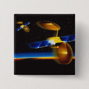 Illustration of satellites over Earth's horizon 15 Cm Square Badge