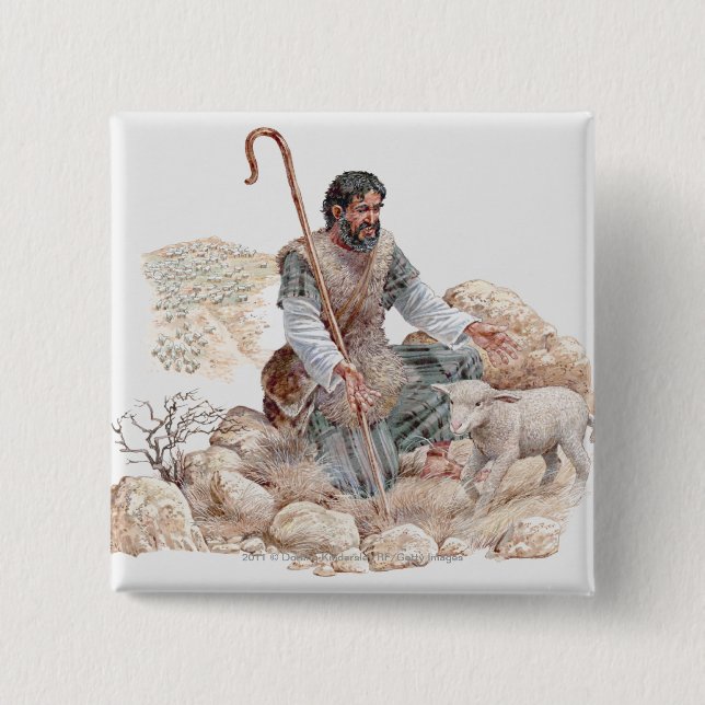 Illustration of shepherd finding his lost sheep 15 cm square badge (Front)