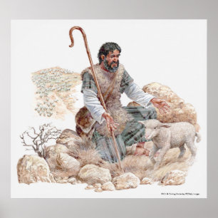 Illustration of shepherd finding his lost sheep poster