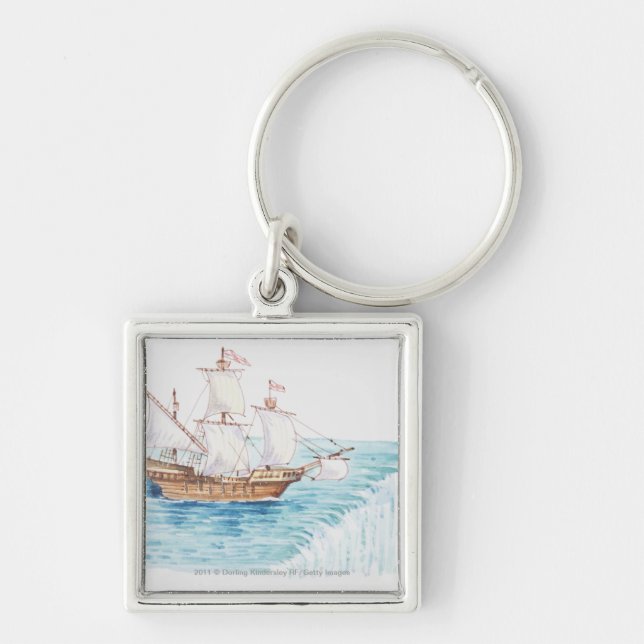 Illustration of ship approaching edge of waterfall key ring (Front)