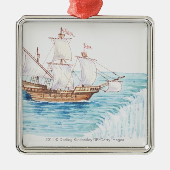 Illustration of ship approaching edge of waterfall metal tree decoration (Front)
