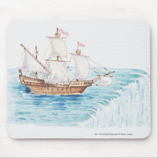 Illustration of ship approaching edge of waterfall mouse mat