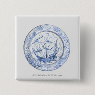 Illustration of ship on 16th century Iznik plate 15 Cm Square Badge