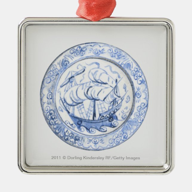 Illustration of ship on 16th century Iznik plate Metal Tree Decoration (Front)