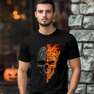 Illustration of Skull Tattoo Fire Flame Halloween Tri-Blend Shirt