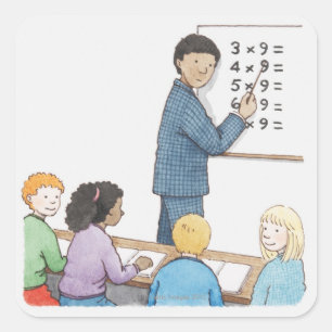 Illustration of teacher pointing at simple square sticker