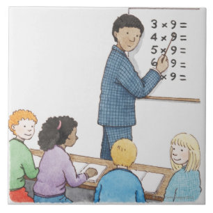 Illustration of teacher pointing at simple tile