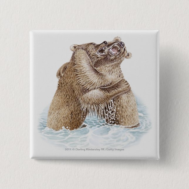 Illustration of two Brown Bears fighting in water 15 Cm Square Badge (Front)