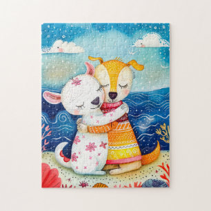 Illustration of two dogs playing at the beach jigsaw puzzle