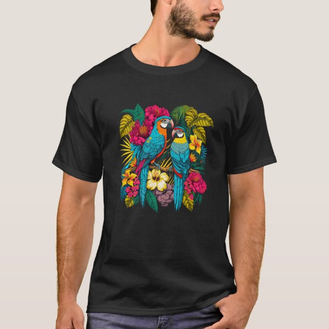 Illustration Of Two Tropical Parrots Surrounded By T-Shirt (Front)