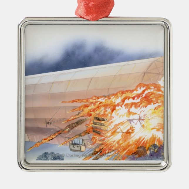 Illustration of Zeppelin bursting into flames Metal Tree Decoration (Front)