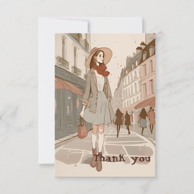 Illustration Paris Girl Delicate Pastel Thank you Card (Front)