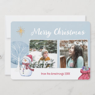 Illustration Photo Collage Cute Snowman Holiday Card