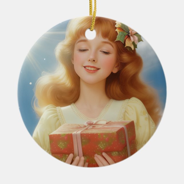 Illustration rétro de Noël Ceramic Tree Decoration (Front)