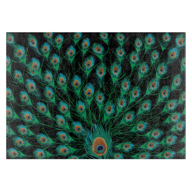 Illustration With Peacock Feathers on Black Cutting Board (Front)