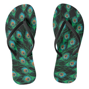 Illustration With Peacock Feathers on Black Flip Flops