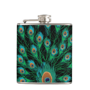 Illustration With Peacock Feathers on Black Hip Flask