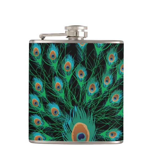Illustration With Peacock Feathers on Black Hip Flask (Front)
