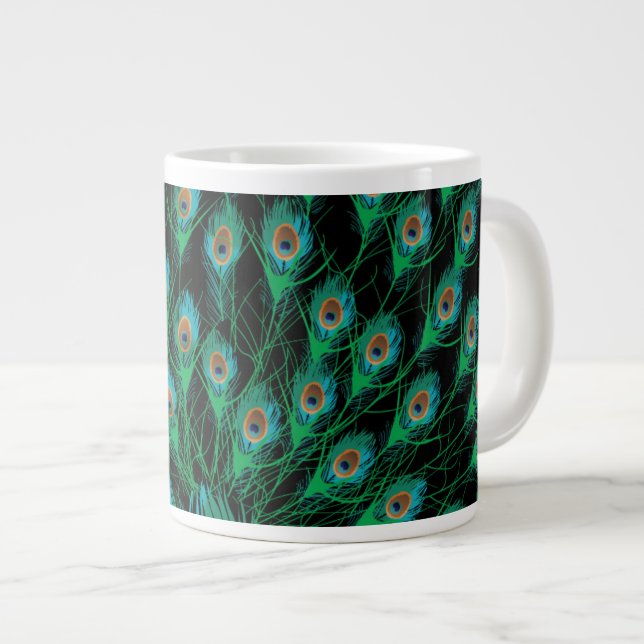 Illustration With Peacock Feathers on Black Large Coffee Mug (Front Right)