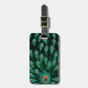 Illustration With Peacock Feathers on Black Luggage Tag
