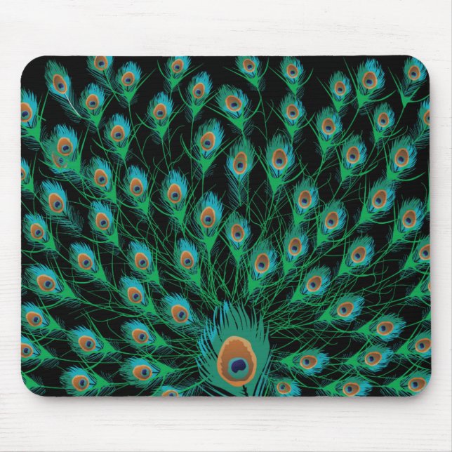 Illustration With Peacock Feathers on Black Mouse Mat (Front)